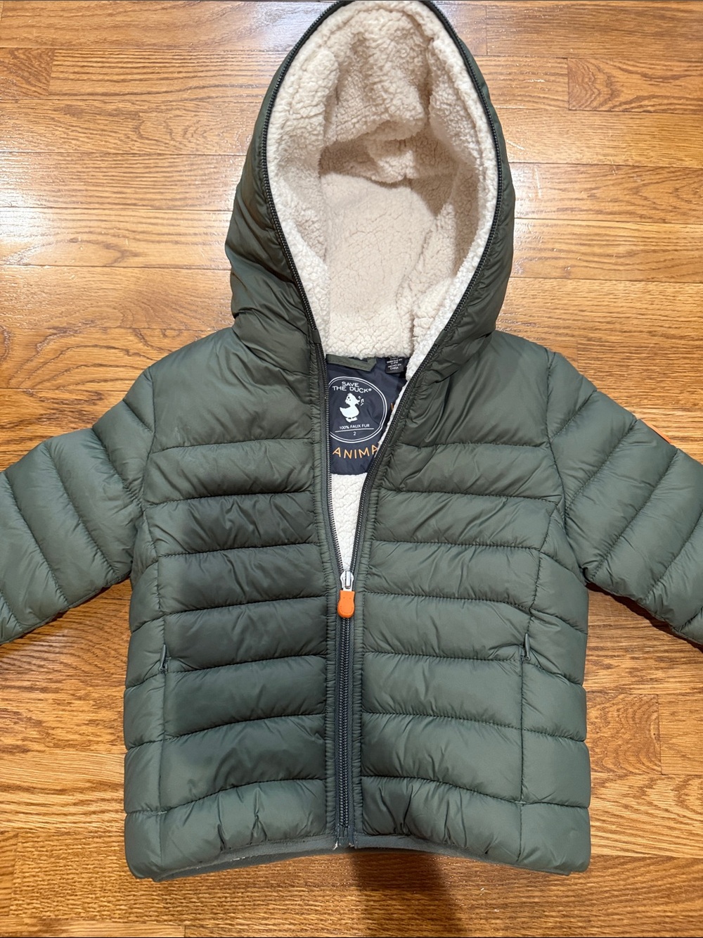 Kids Olive Green Puffer Jacket with Sherpa Lining. Like new